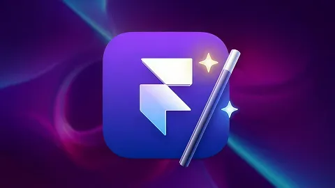 Logo de Framer con varita mágica y destellos sobre fondo cósmico