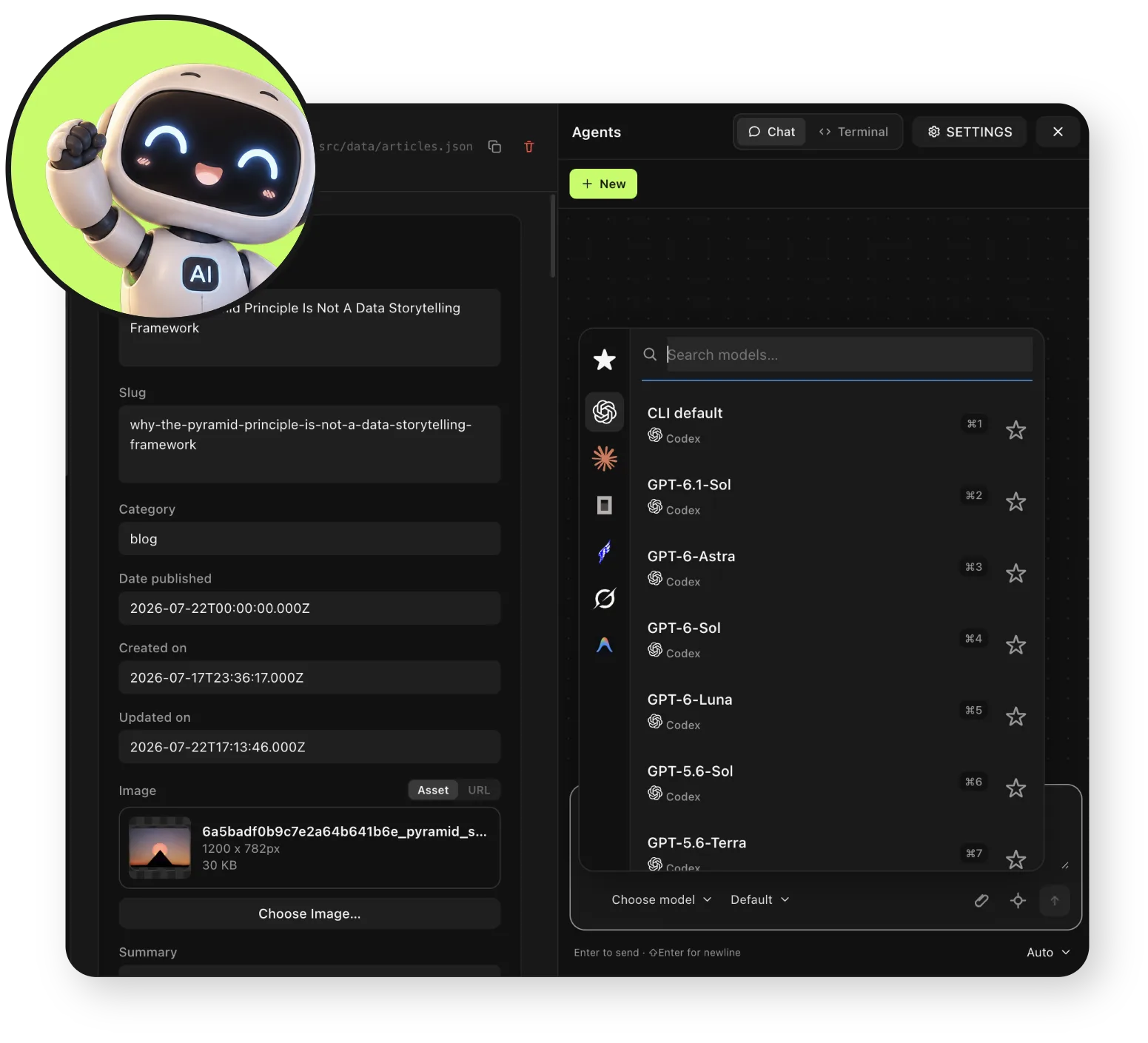 Flow Studio con el editor del CMS y el selector de modelos de agentes