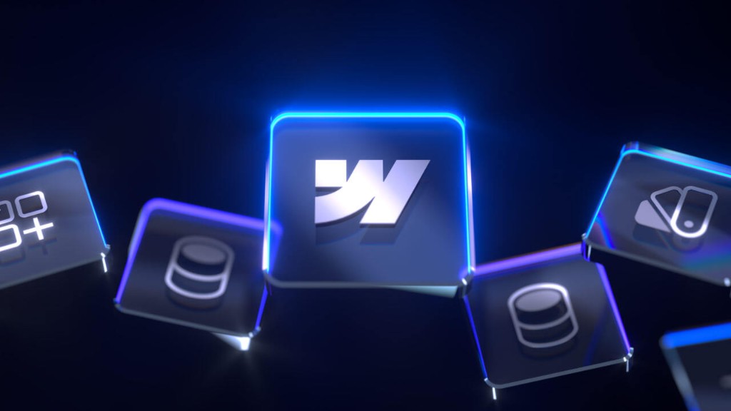 Logo de Webflow en un render 3D con iconos de CMS, diseño y elementos